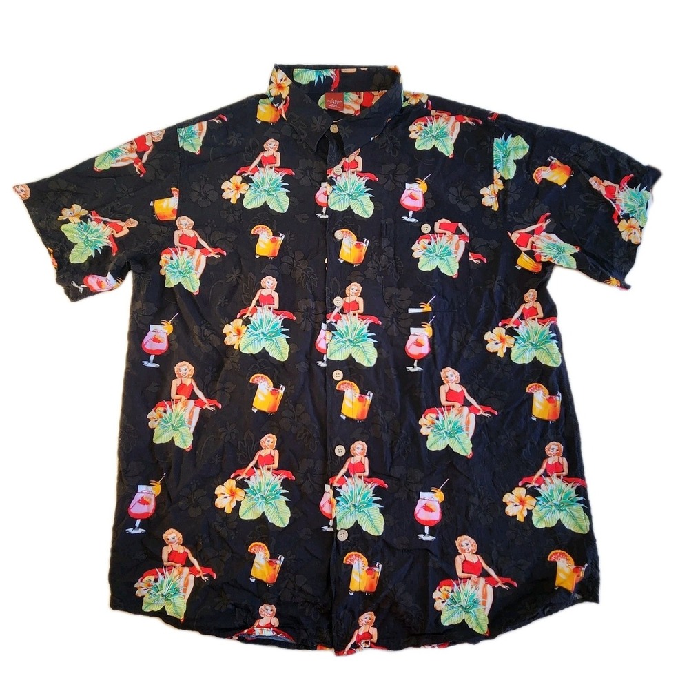 JUNCTION‎ WEST Hawaiian Shirt Black XXL Marilyn Monroe Pin Up Girl Cocktail
